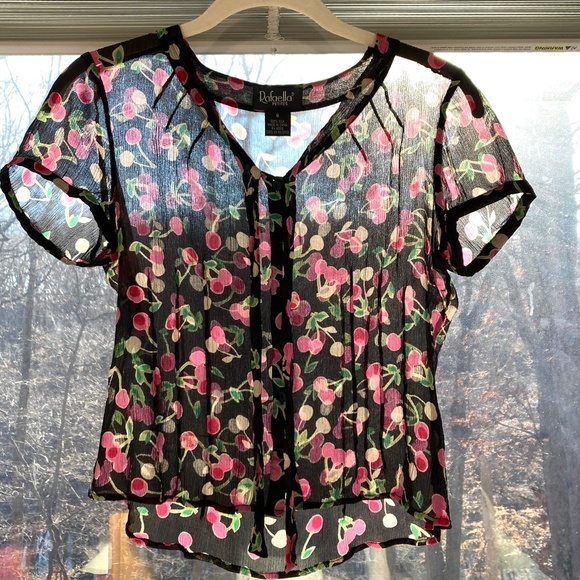 top S RAFAELLA vintage silk cropped tie neck button up cap sleeve sheer - Picture 1 of 11